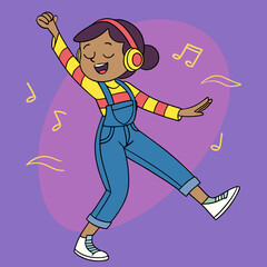 Illustration of a joyful girl dancing with headphones and enjoying music