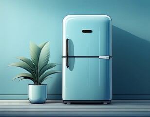 Retro-style light blue refrigerator anchors a minimalist interior, softened by a vibrant green houseplant. Creates a tranquil, fresh, and modern home aesthetic with subtle shadows