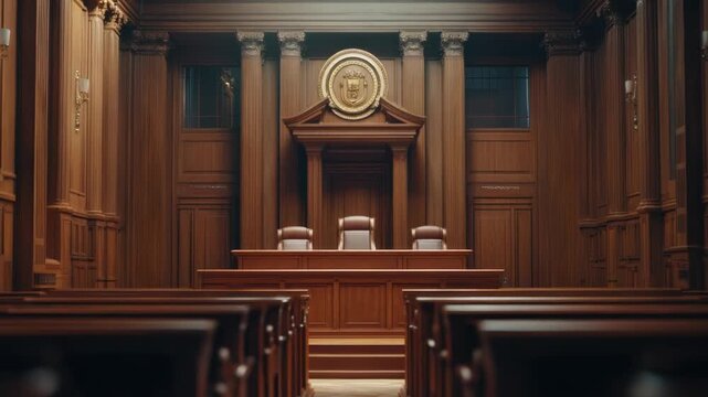 Video A empty courtroom with a large clock on the wall, perfect for legal or business related uses