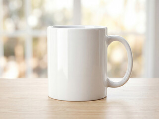 White coffee mug mockup on wooden table, blank ceramic cup in bright light