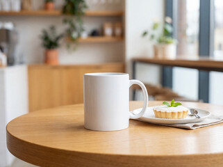 Blank white mug, small tart dessert, coffee shop interior, wooden table