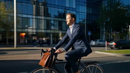 A businessman commuting to work on his bicycle with a building background Stock video
