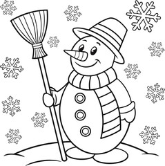 Simple line drawing of a snowman with scarf hat and broom surrounded by falling snowflakes for coloring book pages