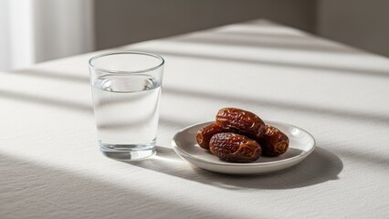 Glass of water and plate of dates on white table in natural sunlight