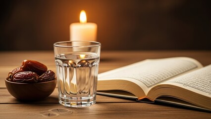 Dates and water with open Quran and candle light during Ramadan evening