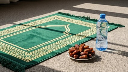 Green prayer rug with dates and water bottle prepared for iftar in sunlight