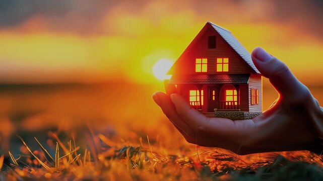 Miniature house held in a hand against golden sunset sky, symbolizing home, warmth and real estate dreams in glowing light. 4K video