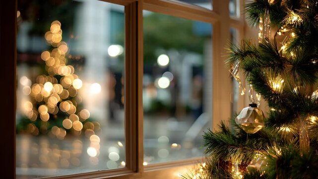 Weihnachtliche Fensterdekoration mit warmem Lichterglanz