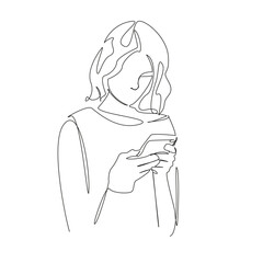 One continuous single drawing line art flat doodle mobile phone, phone, cyberspace, looking, girl, mobile, technology. Isolated image hand draw contour on a white background, hand drawn, not AI