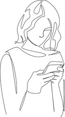 One continuous single drawing line art flat doodle mobile phone, phone, cyberspace, looking, girl, mobile, technology. Isolated image hand draw contour on a white background, hand drawn, not AI