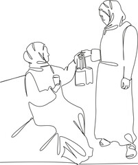 One continuous single drawing line art flat doodle woman, muslim, give, female, islam, girl, enjoy, donation. Isolated image hand draw contour on a white background, hand drawn, not AI