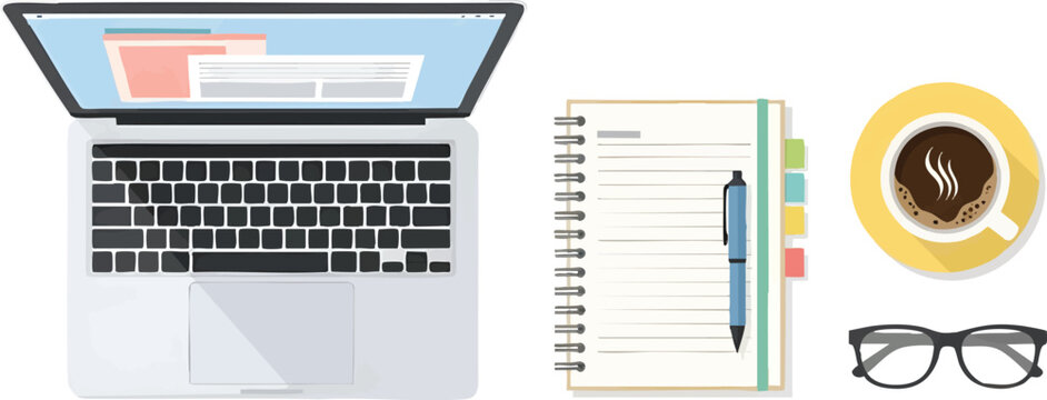 Office desk table top view flat lay vector illustration. Laptop, notebook, pen, coffee cup and glasses for remote work and digital nomad concept