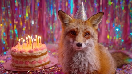 Obraz premium cute fluffy fox wearing a party hat sits next to decorated cake with lit candles. setting features shiny and colorful decorations, creating a festive mood