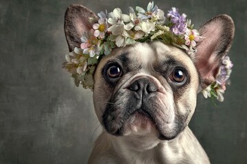 French bulldog wears a crown made of flowers while sitting still. The setting has a plain background. Sunlight softly highlights the dog's features