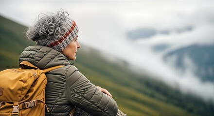 Senior woman with gray hair, wearing a cozy jacket and knitted hat, enjoys a serene moment in nature, surrounded by lush green hills and misty mountains, reflecting on life