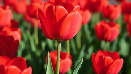 Obraz premium Scarlet Tulips in Bloom: A close-up showcases a field of radiant red tulips, their velvety petals catching the sunlight against a blurred backdrop of verdant green foliage.