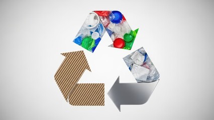 Recycling symbol with plastic and cardboard materials highlighting waste management