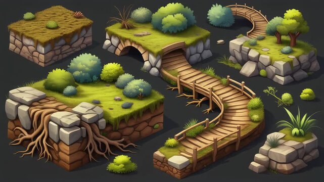 Isometric Game Assets - Fantasy Forest Terrain and Bridges.