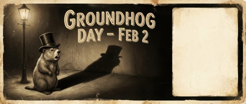 Vintage Groundhog Day banner with cute woodchuck in top hat seeing shadow. February 2 holiday background with copy space for text