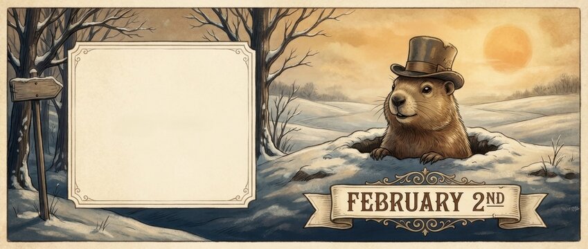 Groundhog Day illustration of a cute woodchuck in a top hat emerging from a burrow. Vintage winter landscape with February 2nd banner and empty frame. Copy space for text