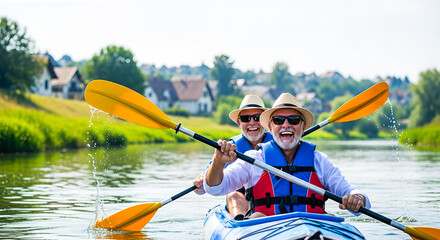 Two elderly men, wearing sunglasses and hats, are joyfully kayaking on a serene river, splashing water, surrounded by lush greenery and charming houses in the background