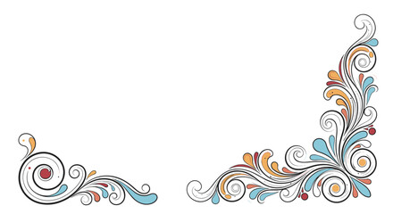 A set of two colorful vintage floral corner flourishes with swirling decorative patterns and a hand-drawn textured effect.