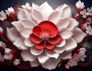 Exquisite three-dimensional floral artistry featuring delicate white and vibrant red petals meticulously arranged, evoking a sense of tranquil beauty and sophisticated design