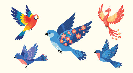 Obraz premium A beautiful collection of five magical and exotic flying birds including a parrot phoenix and other decorative fantasy creatures.
