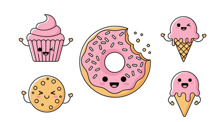 A sweet set of cute kawaii desserts with winking faces including a pink cupcake donut cookie and ice cream cones illustration.