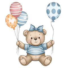 Cute Teddy Bear Sitting and Holding Balloons