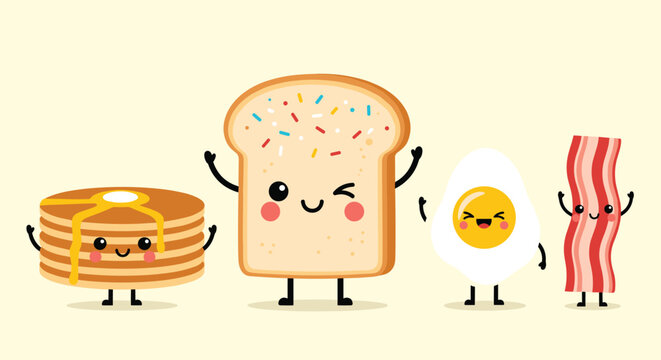 A cute and happy kawaii breakfast food set with smiling characters including pancakes toast a fried egg and a strip of bacon.