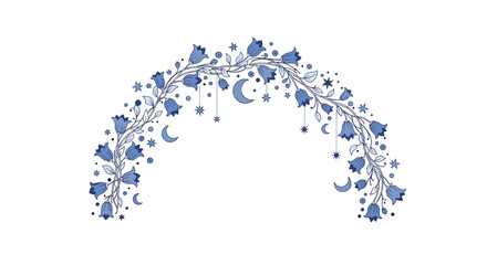 Whimsical floral arch of blue bellflowers decorated with celestial elements like stars and crescent moons on a white background.
