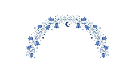 Elegant floral arch with blue bellflowers green leaves and celestial elements like a crescent moon and stars for decoration.