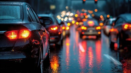 Cars are stuck in traffic at an intersection during rain. street is wet and reflections from vehicle lights create a colorful scene in evening