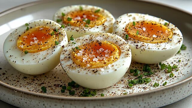 A close-up shot showcases four halved boiled eggs, seasoned with salt, pepper, and chives on a plate.