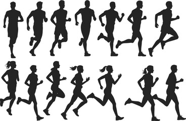 WebSet of diverse male and female running silhouettes, representing a marathon, fitness, health, athleticism, competitive spirit, and group sports training.