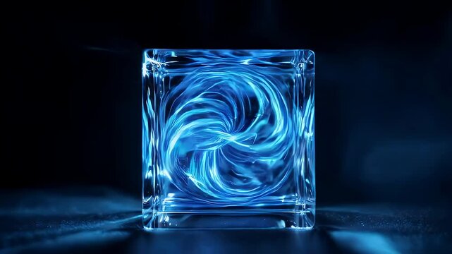 Glass cube encasing a swirling blue energy vortex, on a dark reflective surface, illuminated with blue light