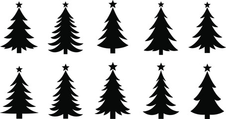 Fototapeta premium PrintSet of Ten Christmas Tree Silhouettes with Star Toppers, Black Holiday Pine Icons Collection, Simple Vector Illustration for Festive Decoration, Seasonal Graphic Design Elements and Symbols.