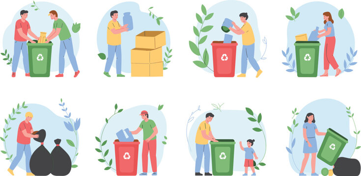 PrintSet of People Recycling Garbage and Waste Vector Illustrations, Sorting Trash into Bins for Paper, Plastic, and General Refuse, Environmental Protection and Eco-Friendly Concept