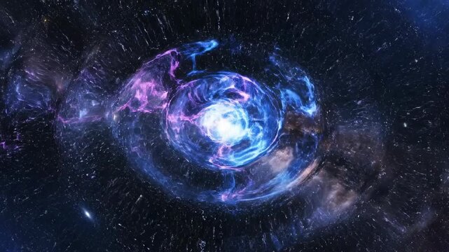 Abstract visualization of blue and magenta energy flowing and warping in a deep space environment creating a smooth temporal ripple effect warping, loop, stream