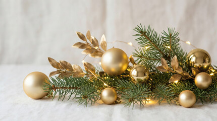 Obraz premium Simple and elegant Christmas background with pine branches, gold ornaments, and soft
