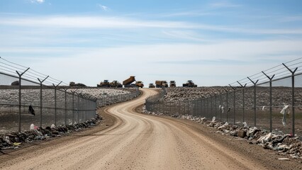 Fototapeta premium Dirt road leading to landfill with heavy machinery under blue sky