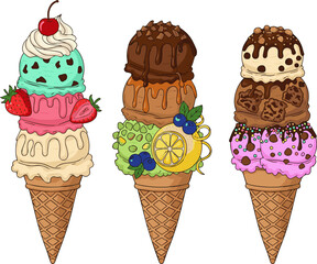 Create a kinds of deferent Triple scoop ice cream cone vector art with white background.