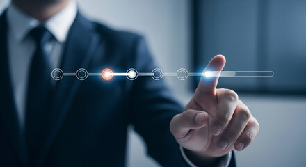 Business professional interacts with futuristic progress bar, symbolizing advancement and data analysis.