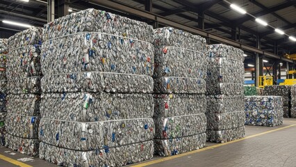Stacked aluminum cans ready for recycling in industrial warehouse