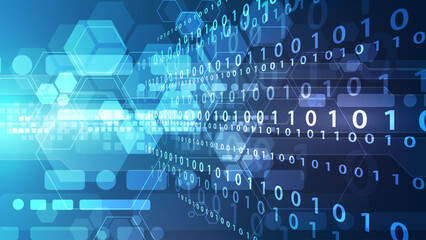 Binary Code Data Flow Background: Abstract Geometric Hexagon and High-Speed Digital Technology