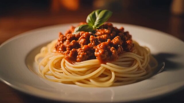 Delicious spaghetti bolognese with fresh basil on a white plate. Rich and inviting ambiance for food lovers and culinary enthusiasts.