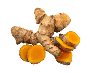 Whole and sliced raw turmeric Isolated on transparent background