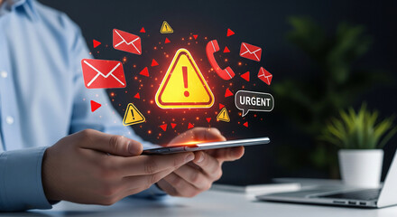 Man overwhelmed by urgent digital notifications and alerts on his smartphone