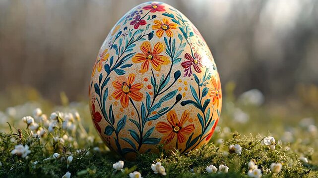 A close-up shot of a beautifully decorated Easter egg with floral patterns, sitting on a bed of grass and flowers.
